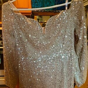 Lulu’s sparkly champagne sequined long sleeved mini dress, size L, new w/tags